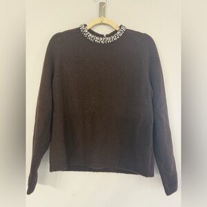 Zara Women’s Small Dark Brown Long Sleeve Rhinestone Crewneck Collar Sweater EUC